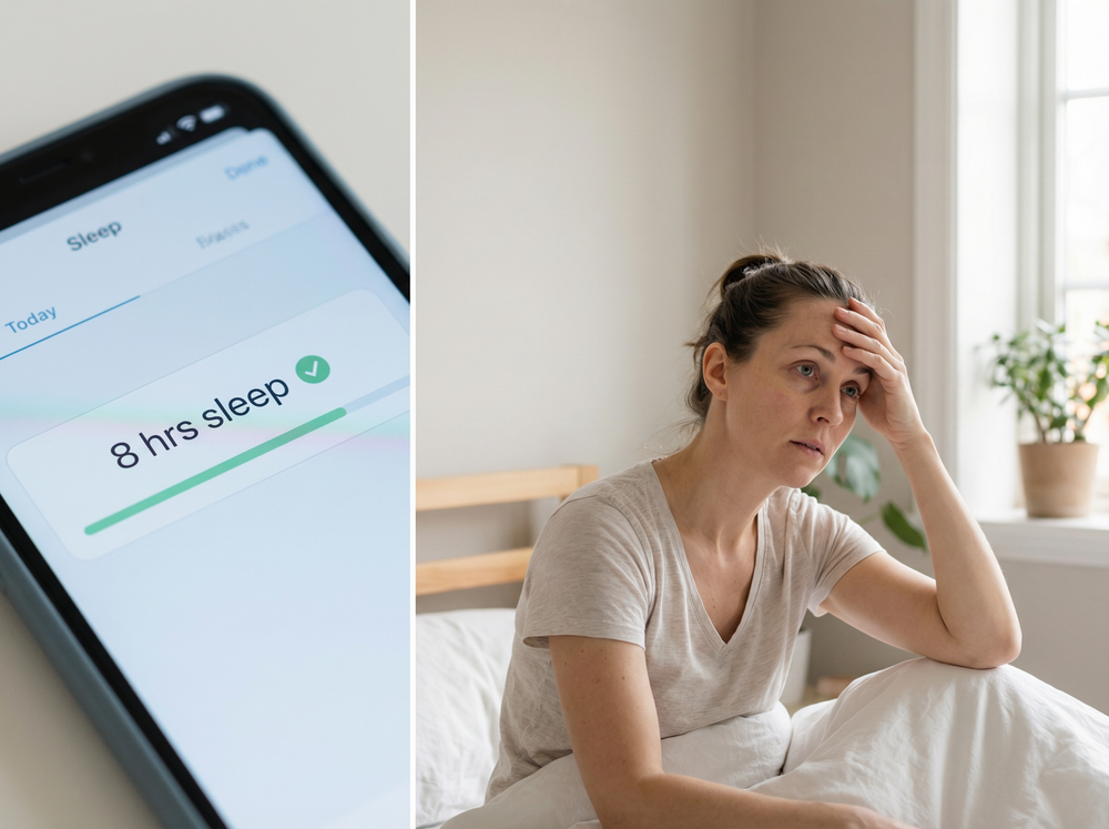 Phone showing 8 hours of sleep next to a tired woman