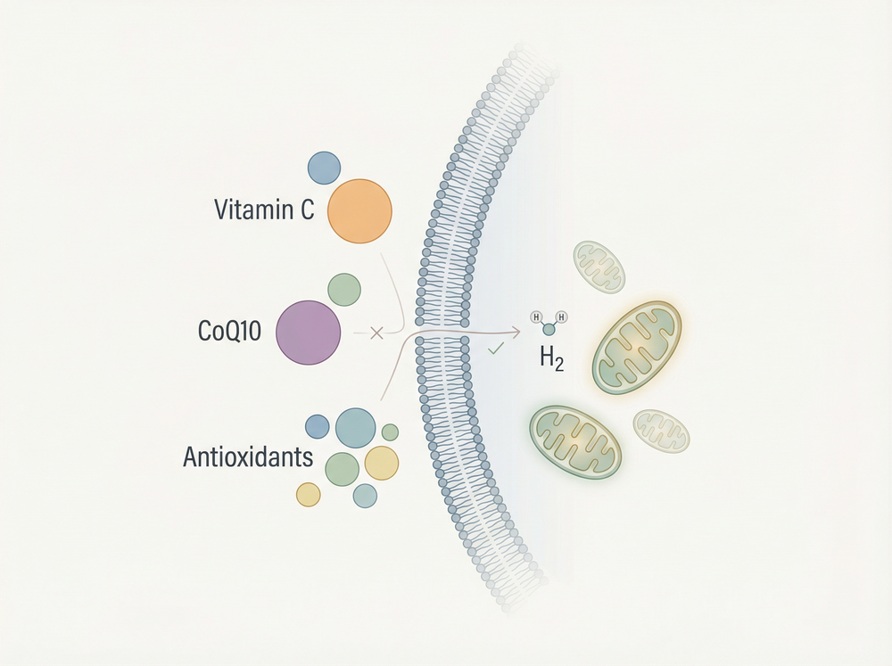 Hydrogen molecule diffusing into mitochondria diagram
