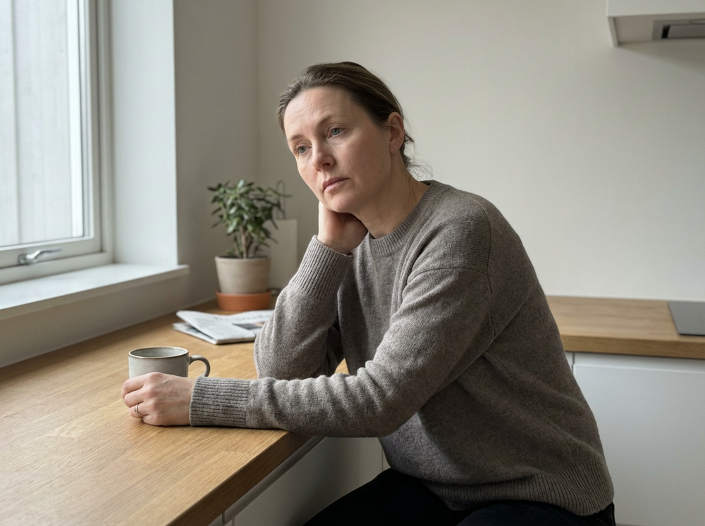 Woman sitting at a kitchen table feeling foggy