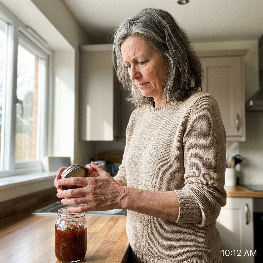 Woman in a sunlit kitchen feeling morning stiffness